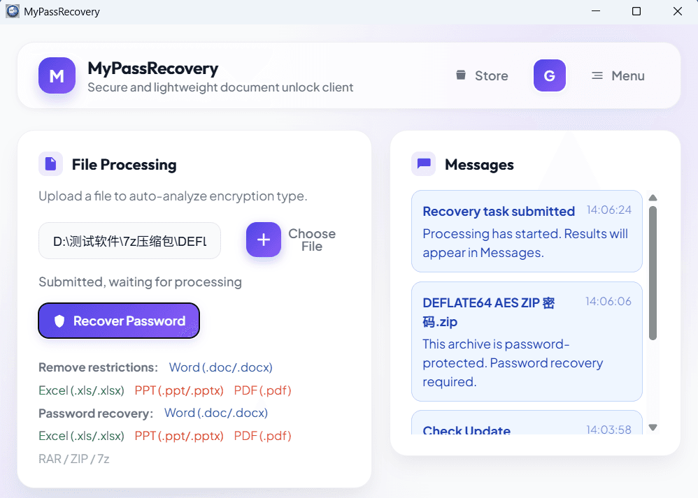 Step 5: View the recovered password and extract the RAR archive